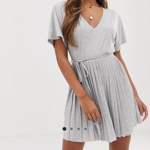 ASOS Design V Neck Mini Dress With Pleated Skirt and Self Belt